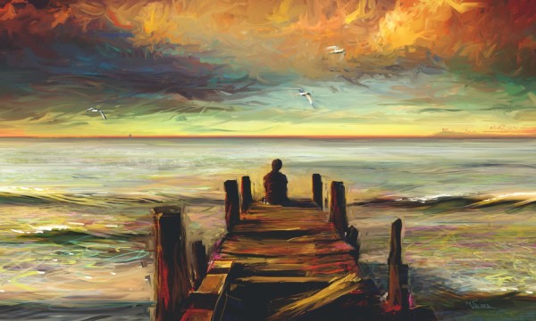 Lonely-boy-at-sea-watching-sunset-oil-painting-HD-photo